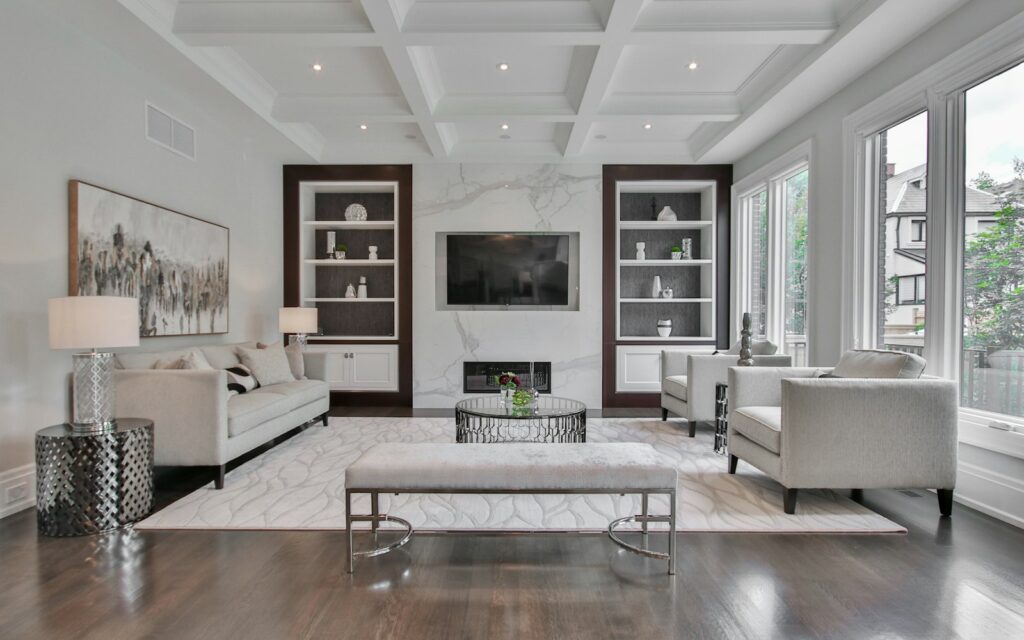 Elegant living room with a marble fireplace in a private estate